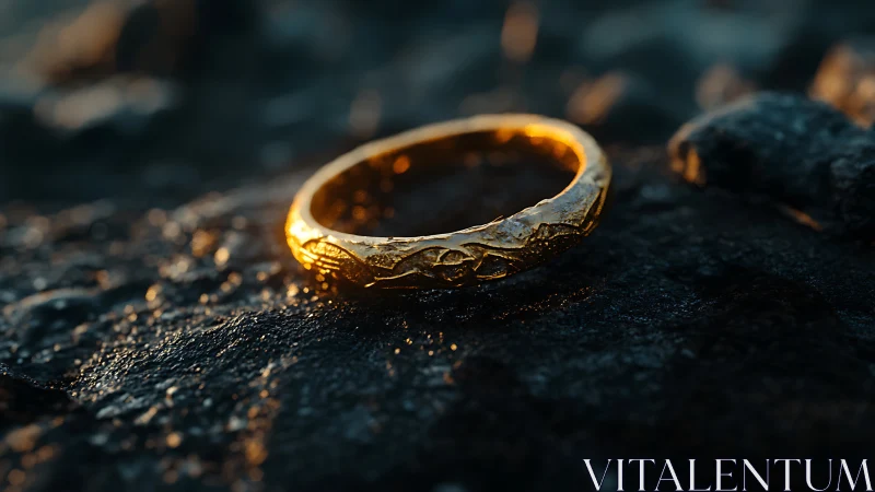 Gold ring rests on textured rock under low directional light