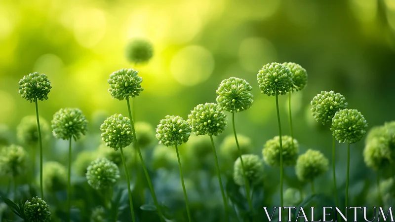 Green Spherical Flower Buds Rising Against Soft Bokeh.