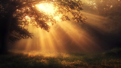 Golden Sun Rays Streaming Through Forest Trees in Morning Light.