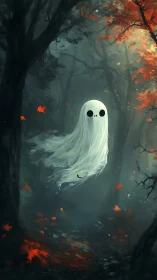 White ghost figure in misty autumn forest with red leaves.