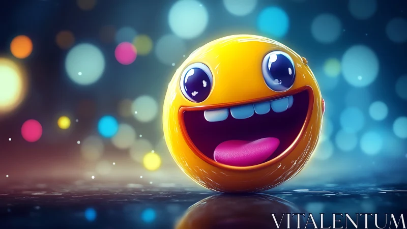 Joyful yellow emoji ball beams with bright playful energy