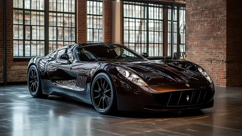 Glossy black supercar poised in industrial loft gallery.