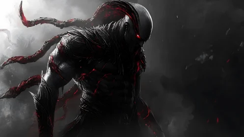 Shadowborn titan with ember eyes in swirling dark mist.