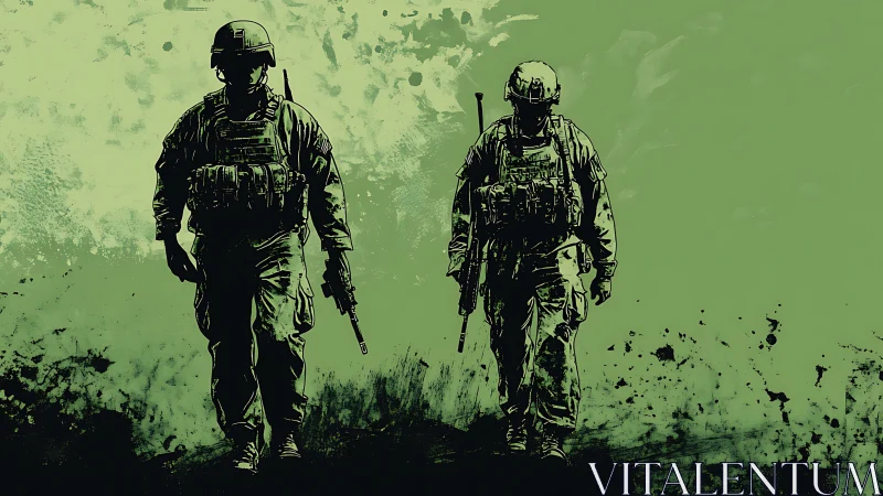 Soldiers in tactical gear on grunge green battlefield background.