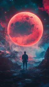 Lone explorer stands beneath a colossal neon red moon