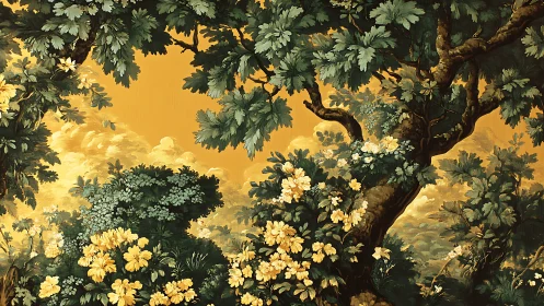 Layered forest canopy frames yellow floral understory on ochre sky