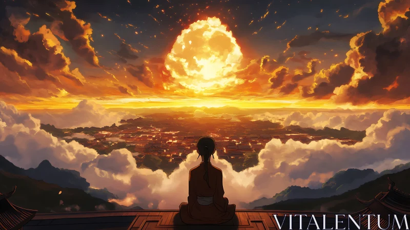 Monk overlooks radiant sunset city above glowing clouds