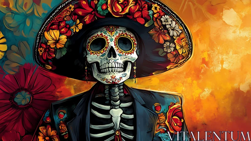 Stylized D&iacute;a de Muertos skeleton portrait in vivid floral regalia