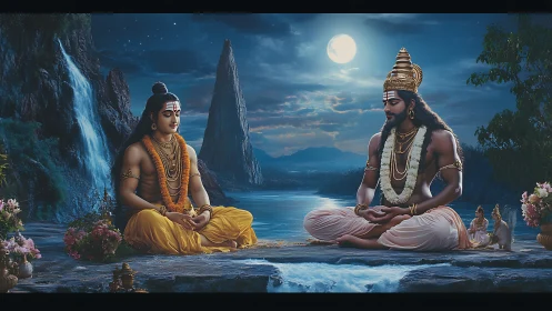 Divine gurus meditate by moonlit river within mountain valley