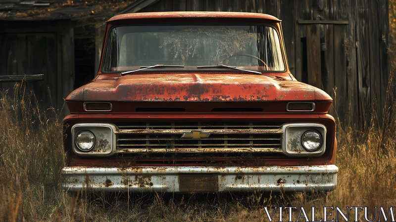 Rusting red pickup truck front view in tall wild grass.