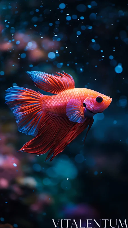 Vibrant betta fish drifts through glowing underwater bokeh.