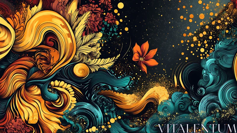 Whirling floral tides and stardust blooms in molten twilight.