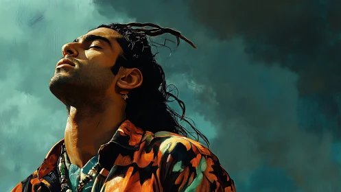 Male figure in colorful shirt against cloudy sky backdrop.