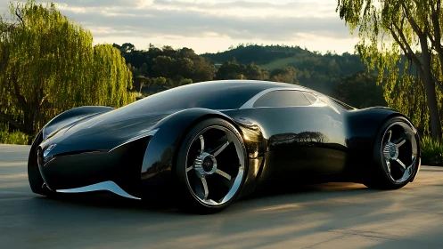 Midnight concept cruiser gliding through golden countryside.