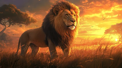 Majestic lion standing over golden savanna sunset scene.