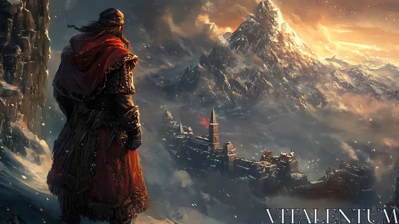 Clifftop observer surveying fortified alpine citadel at dusk.