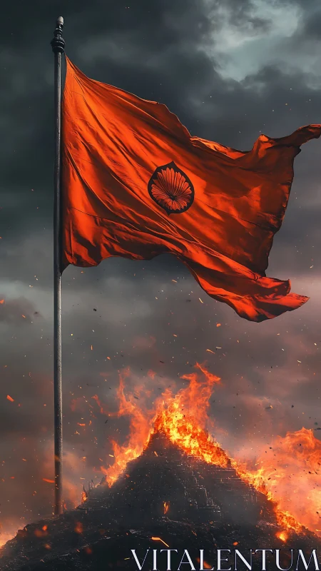 Red flag with emblem flies over burning mound in storm