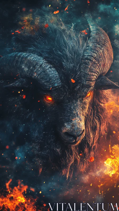 Infernal ram entity with glowing eyes emerging from volumetric fire