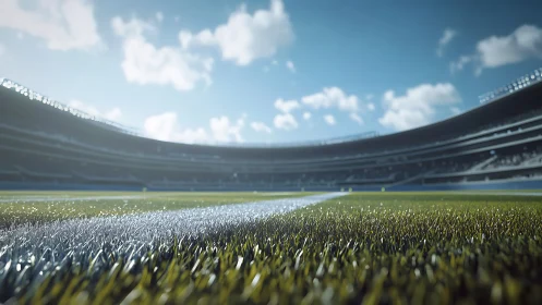 Sunlit football pitch line in modern open stadium bowl.