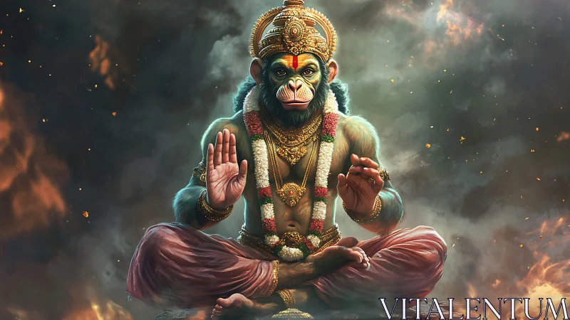 Divine simian guardian in flaming cosmic meditation pose.