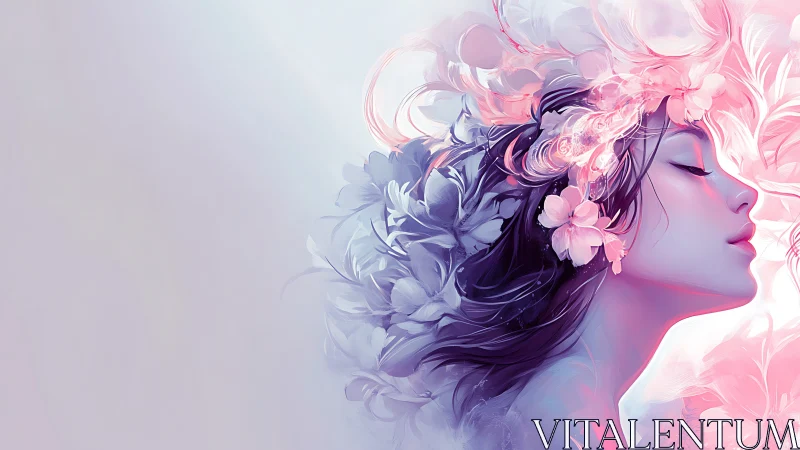 Dreamy floral portrait of a serene woman in soft pastels.
