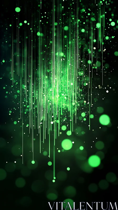 Glowing green light trails fall gently through a dreamy night