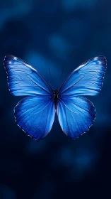 Iridescent blue butterfly on deep bokeh background.