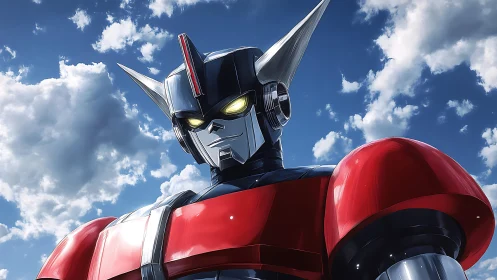 Heroic anime robot gazes skyward with calm, steady pride.