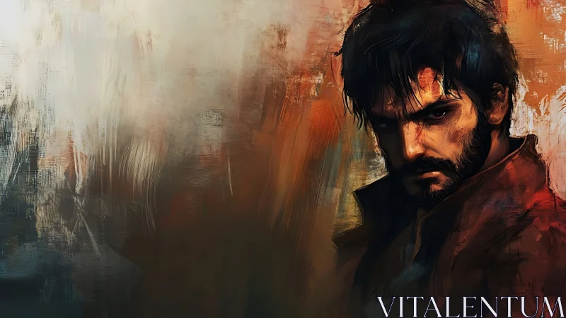 Digital portrait shows male figure against abstract textured field