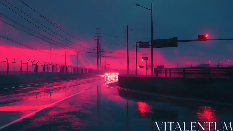 Neon-lit wet highway under cyan dusk with glowing traffic.