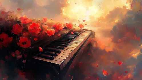 Piano keys surrounded by red flowers in warm diffuse light.