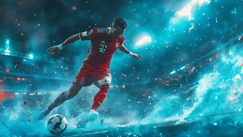 Explosive soccer strike in neon-lit stadium atmosphere.