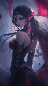 Dark winged sorceress with red aura in misty landscape.