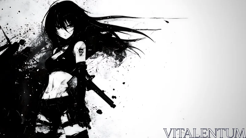 Ink-splattered anime assassin stands in stark monochrome.