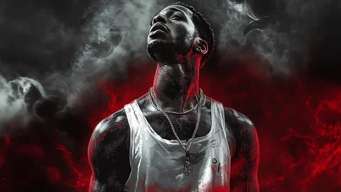 Ink-lit rebel rises through smoke and scarlet embers.