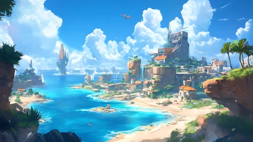 Tropical Island Fantasy Cityscape with Turquoise Waters.