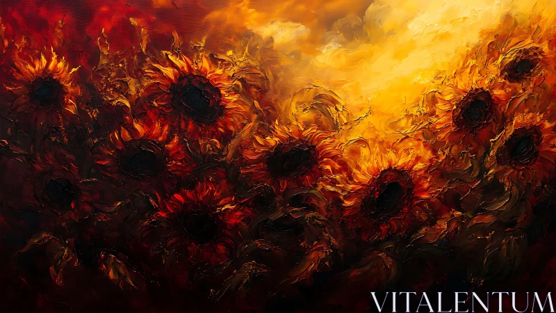 Intense sunflower field under deep burning sunset light.