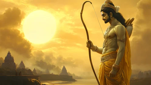 Divine archer stands in golden light above river temples