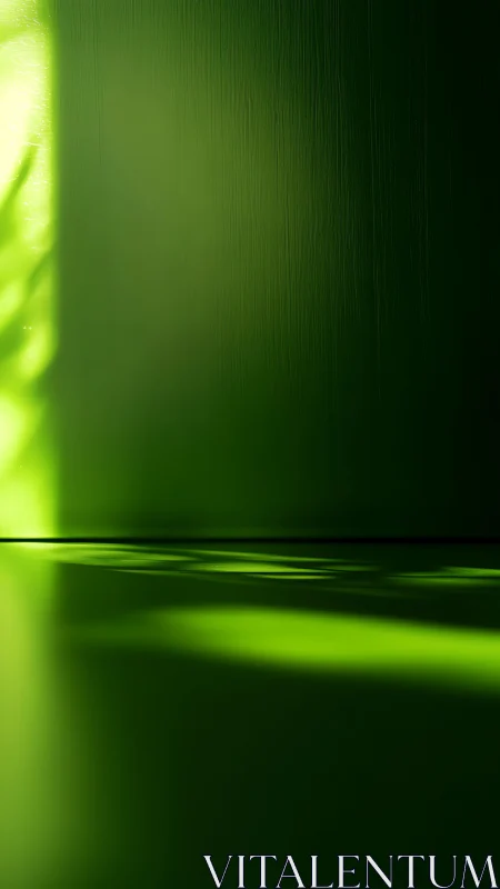 Luminous green wall and shadowed floor in abstract light play.