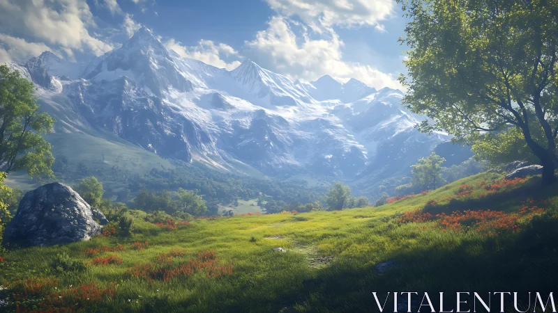 Snowcapped mountain range above lush spring valley meadow.