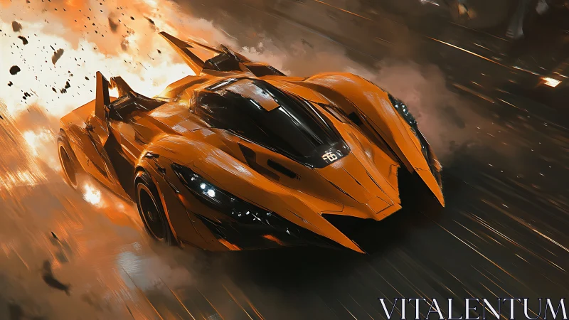 Futuristic orange hypercar blasting through fiery street.