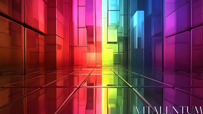 Vivid geometric 3D corridor with rainbow colors and glossy finish.