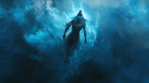 Mythic humanoid figure in blue mist with glowing eyes.