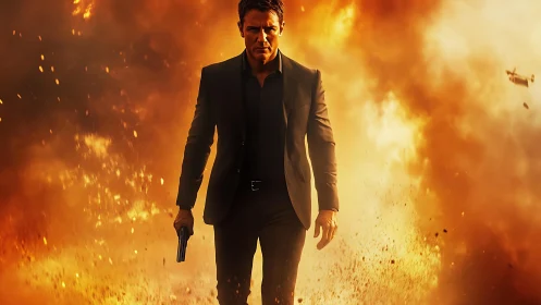 Calm gunman striding from a sunburst of cinematic firestorm.