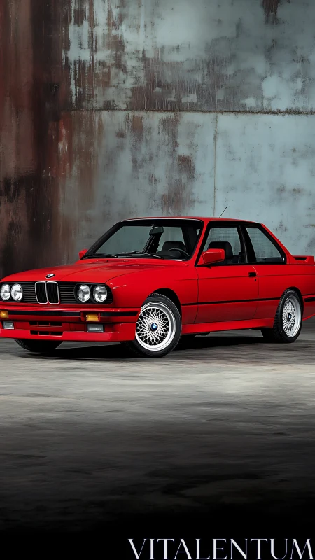Photorealistic red BMW coupe against industrial concrete wall.