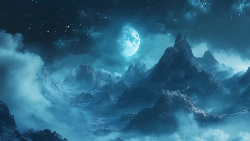 Moonlit ice peaks beneath a dreamy, star-washed sky.
