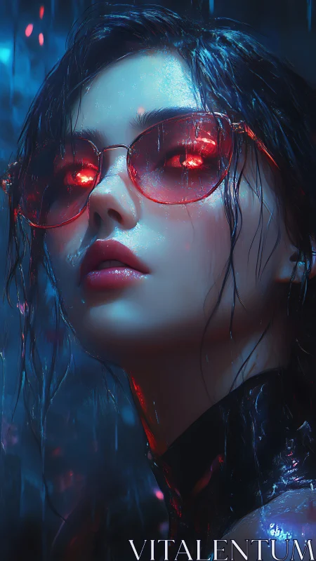 Cyberpunk portrait with neon reflections and wet-gloss finish.