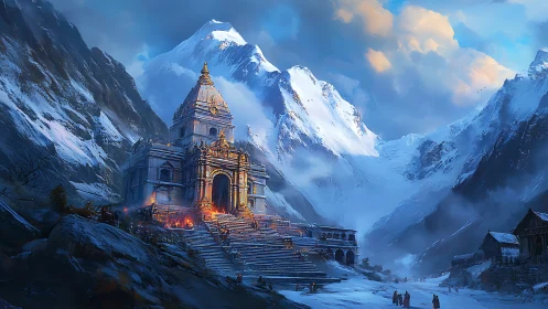 Snowy mountain temple glows warmly against towering peaks