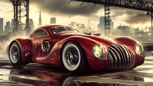 Streamlined retro-futurist coupe rendered in moody urban rainscape