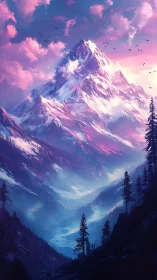 Neon dusk mountain peak over glowing alpine valley.